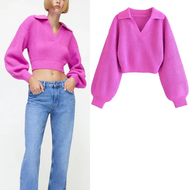 

Za 2021 Winter Solid Color Woman's Knitting Pullover Sweater O-neck Puff Sleeve Sweater Thick Warm Street Vintage Sweater Female