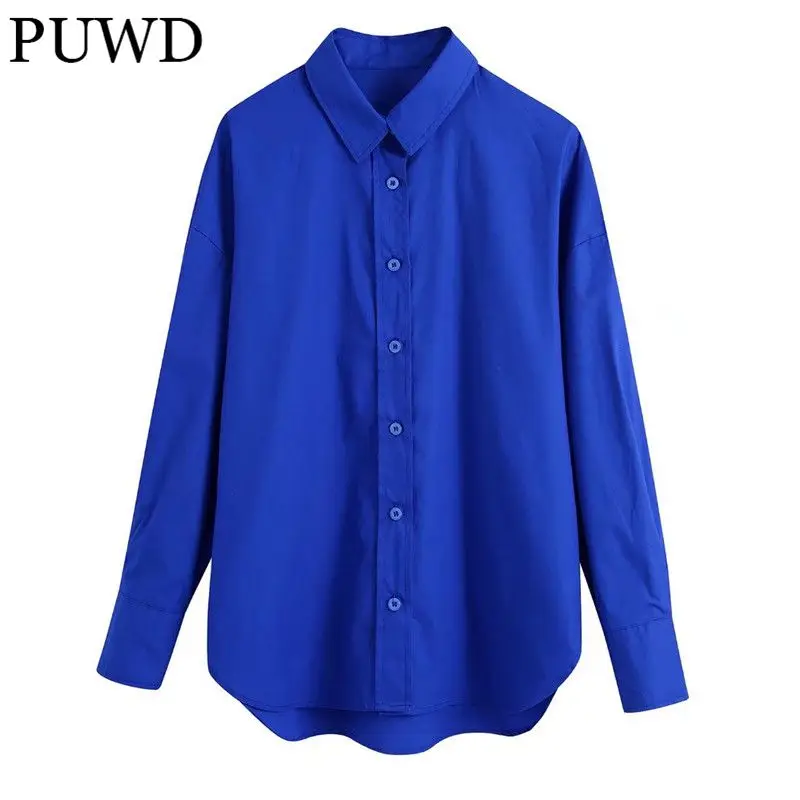 

PUWD Oversize Women Turn-down Collar Blouse 2021 Autumn Fashion Ladies Casual Loose Shirt Female Solid Color Poplin Shirt