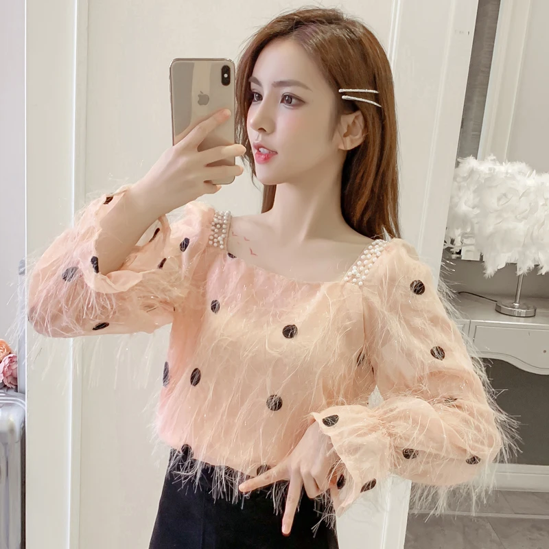 

Women Blouses Women Long Sleeve Square Collar Beading Tassels Dot Pullover Shirt Female Sweet Style Slim Casual Tops Blouse
