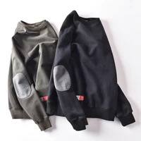 autumn and winter fleece thick round neck sweater men s solid color casual patch elbow pad pullover baggy coat