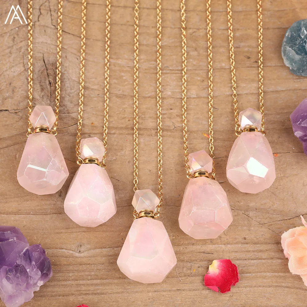 

Natural Aura Pink Quartz Stone Faceted Perfume Bottle Pendant Necklace Women Electroplated Roses Crystal Stone Gold Oil Bottle
