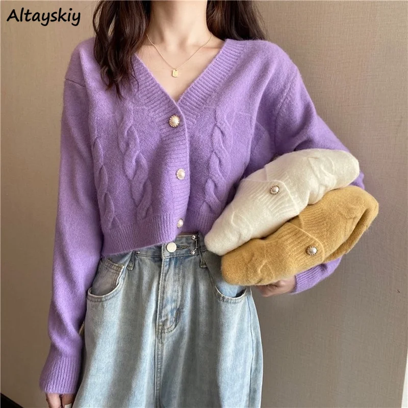 

Укороченные кардиганы, женские свитеры с V-образным вырезом и жемчугом, мягкие фиолетовые вязаные женские универсальные удобные свитеры с д...