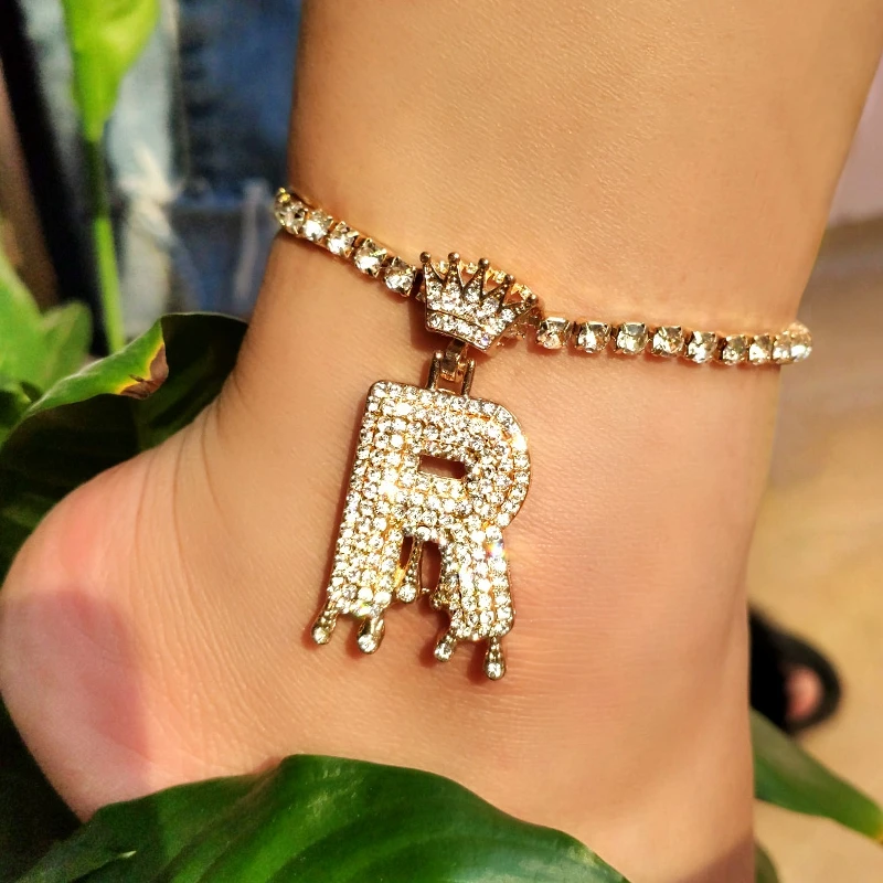 

Summer Beach Crystal Letter A-Z Initial Anklets Bracelet for Women Shiny Rhinestone Crown Alphabet Leg Foot Chain Anklet Jewelry