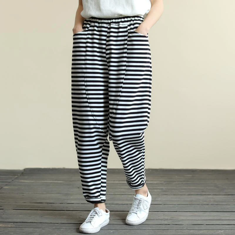 

New 2020 Spring Summer Women Elastic Waist Striped Harem Pants All-matched Casual Loose Cotton Ankle-length Pants Big Size M146