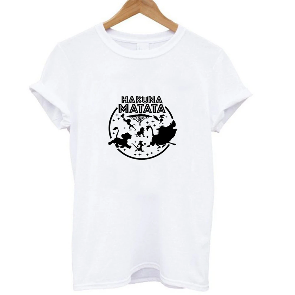 Эффектная женская футболка HAKUNA MATATA, летняя женская футболка, короткий рукав, принт с героями мультфильмов, белая, черная, милые футболки Harajuku