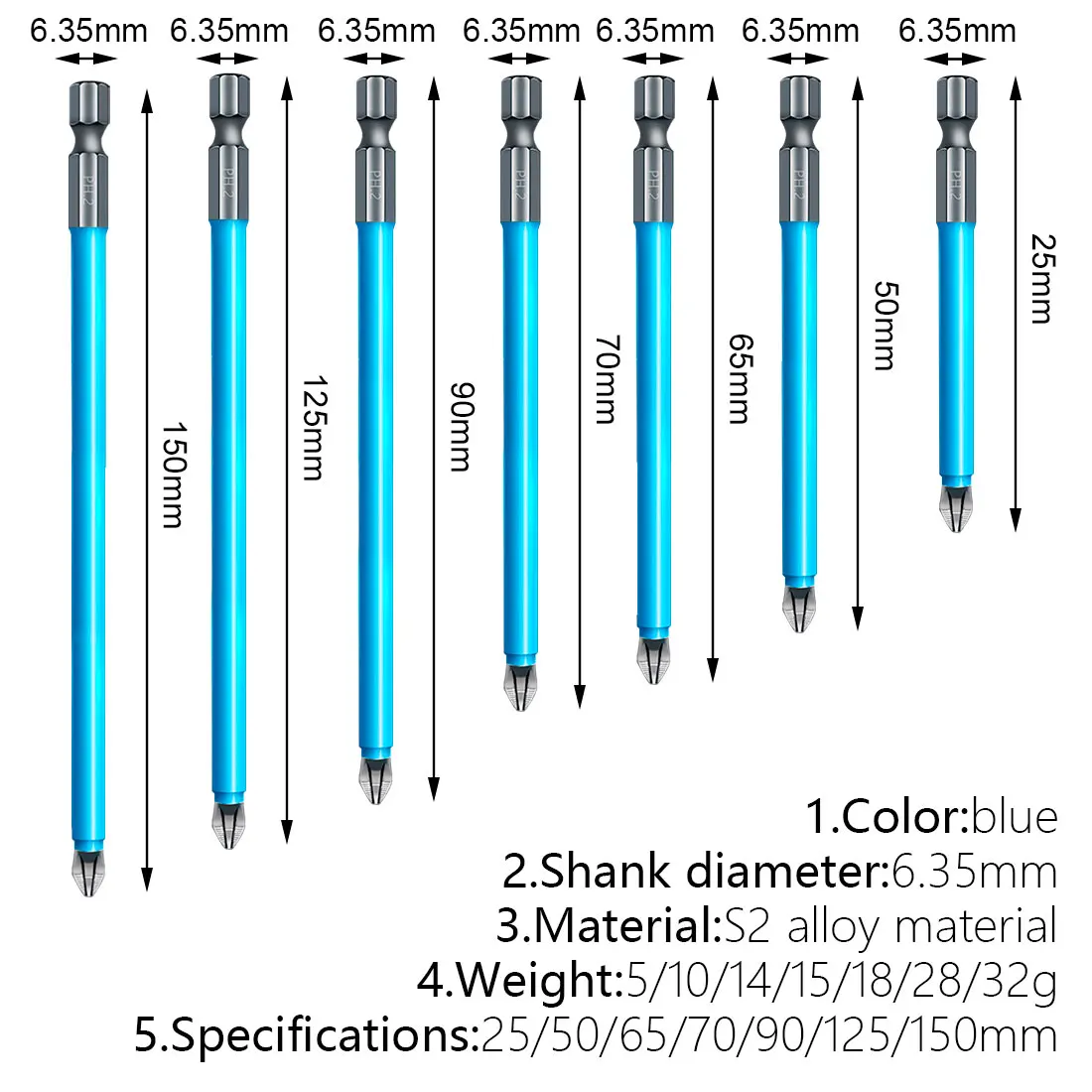 

Long Screwdriver Bits 25/50/65/70/90/125/150mm PH2 Anti-slip Magnetic 1/4 Hex Shank Cross Head Power Electric Tools