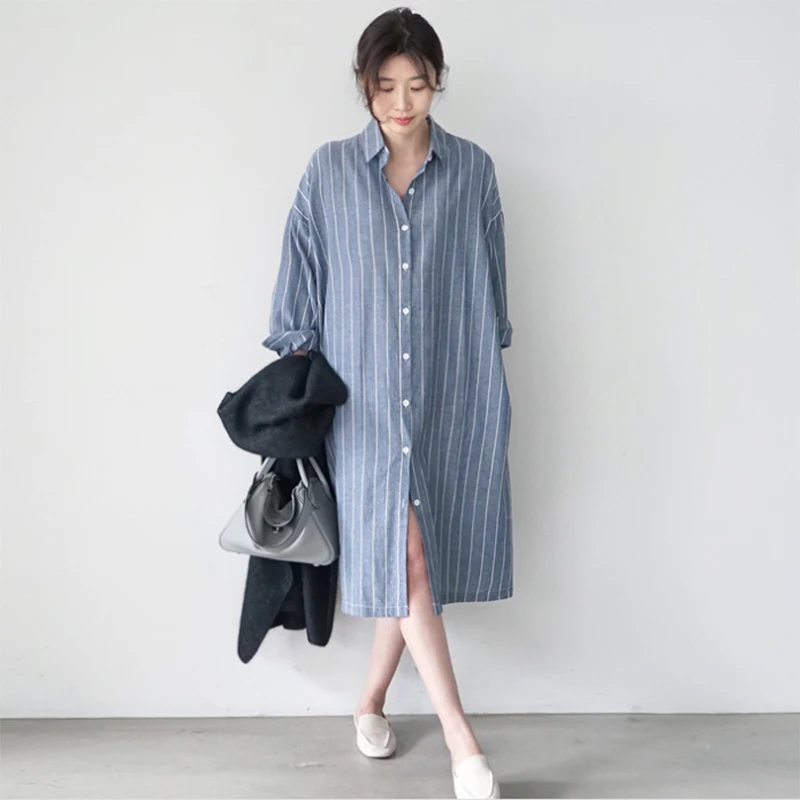

Women Long Striped Cotton Shirt Dress Autumn Spring Runway 2022 Korean Long Sleeve Dress Casual Elegant Dress New