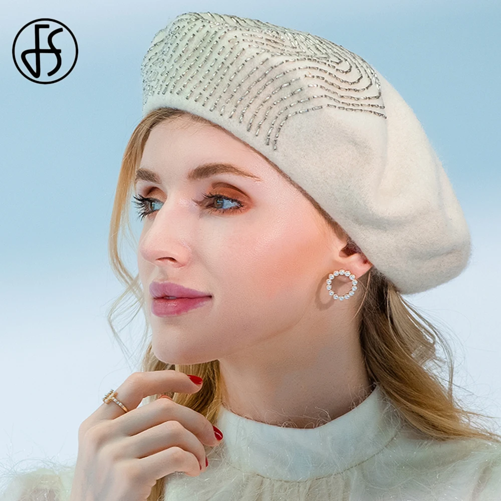 

FS Wool Felt Woolen Women Beaded Berets British Artist Hat Elegant Girls Painter Hats Beret Femme Female Winter Warm Cap 2021