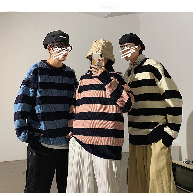 

Striped Men Sweaters 2020 Autumn Korean Style Men's Pullovers Harajuku Streetwear Male Clothing Couple Sweater