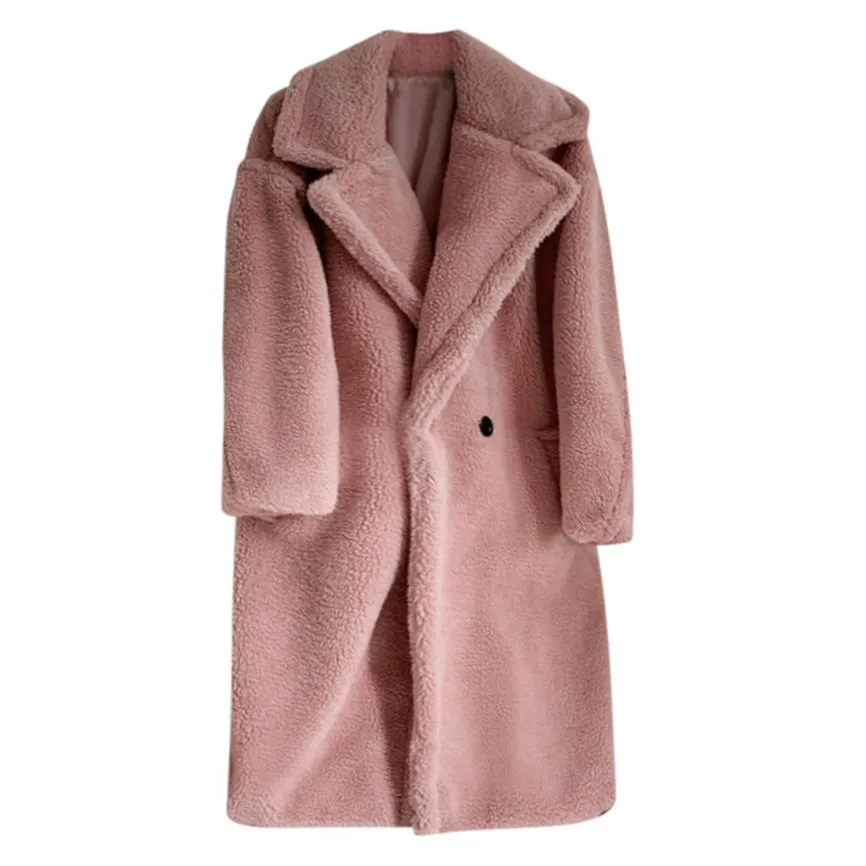 Pink Женское пальто с длинным рукавом, одноцветная модная осенняя и зимняя свободная ветровка средней длины, пальто из овечьей шерсти размера плюс, ветровка Y8 - Цвет: Pink
