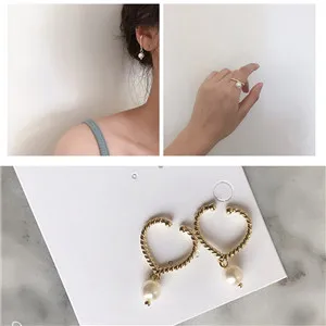 AOMU Korean Chic Style S925 Sterling Silver Pin Gold Metal Curved Wave Line Pearl Circle Earrings for Women Girl Jewelry Set