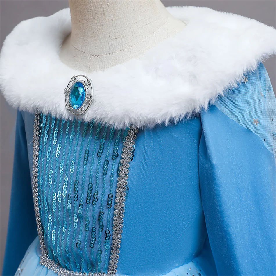 Детское платье принцессы Эльзы из сетчатой ткани с меховым воротником и