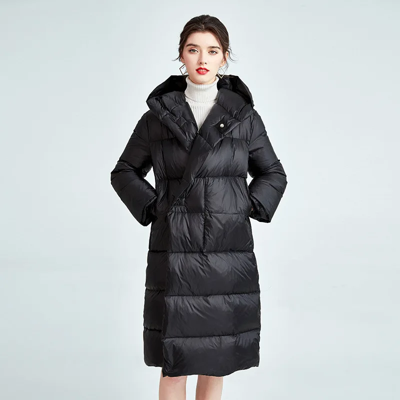 

women down coats hooded puffer jacket luxury big hood parka shot duck feather coat black belted Light gray Long Casual 2021