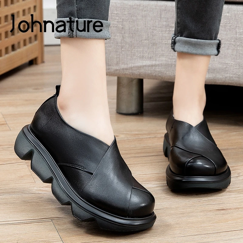 

Johnature Retro Pumps Women Shoes Platform Heels 2021 New Genuine Leather Wedges Spring/Autumn Handmade Concise Ladies Shoes