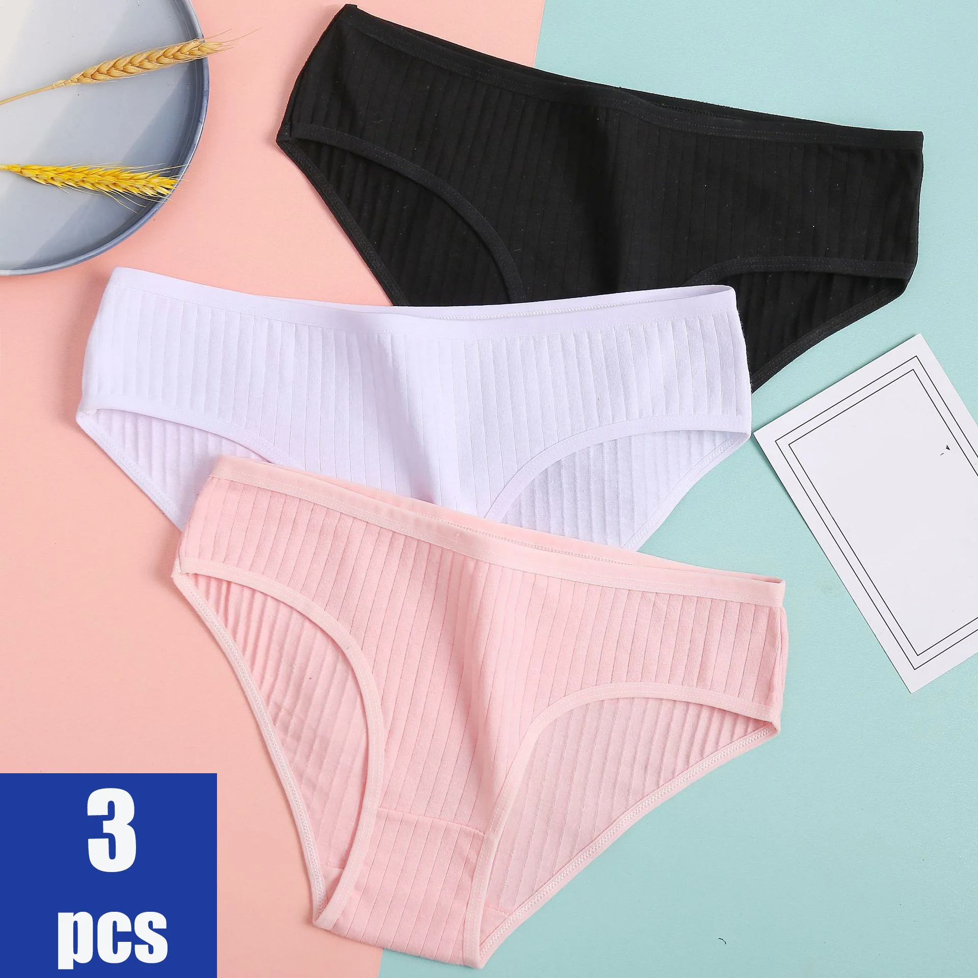 

3PCS Cotton Underwear Women's Panties Set Comfort Underwear Thread Briefs for Lady Sexy Low-Rise Panty Intimates Lingerie