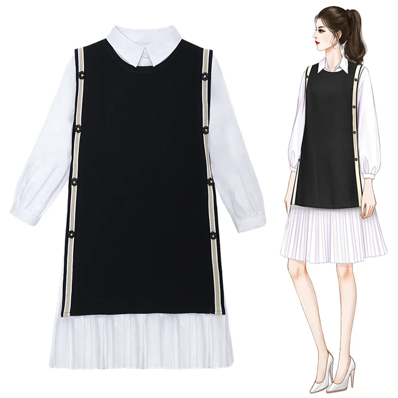 Trytree 2019 Autumn Women two piece set Casual Solid Knitted Tank Top + Dress Turn-down Collar Mini Office Lady Set 2 Piece | Женская