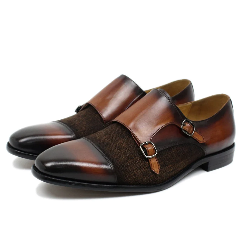 DANIEL WAFER Brand Designer Monk Strap Mens Dress Shoes Genuine Leather With Denim Black Brown Wedding Party Dress Shoes Men - Цвет: Brown