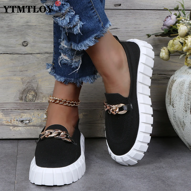 

New Women Single Shoes Flat Bottomed Round Head Thick Soled Casual Breathable Mesh Women Sports Chunky Sneakers Platform