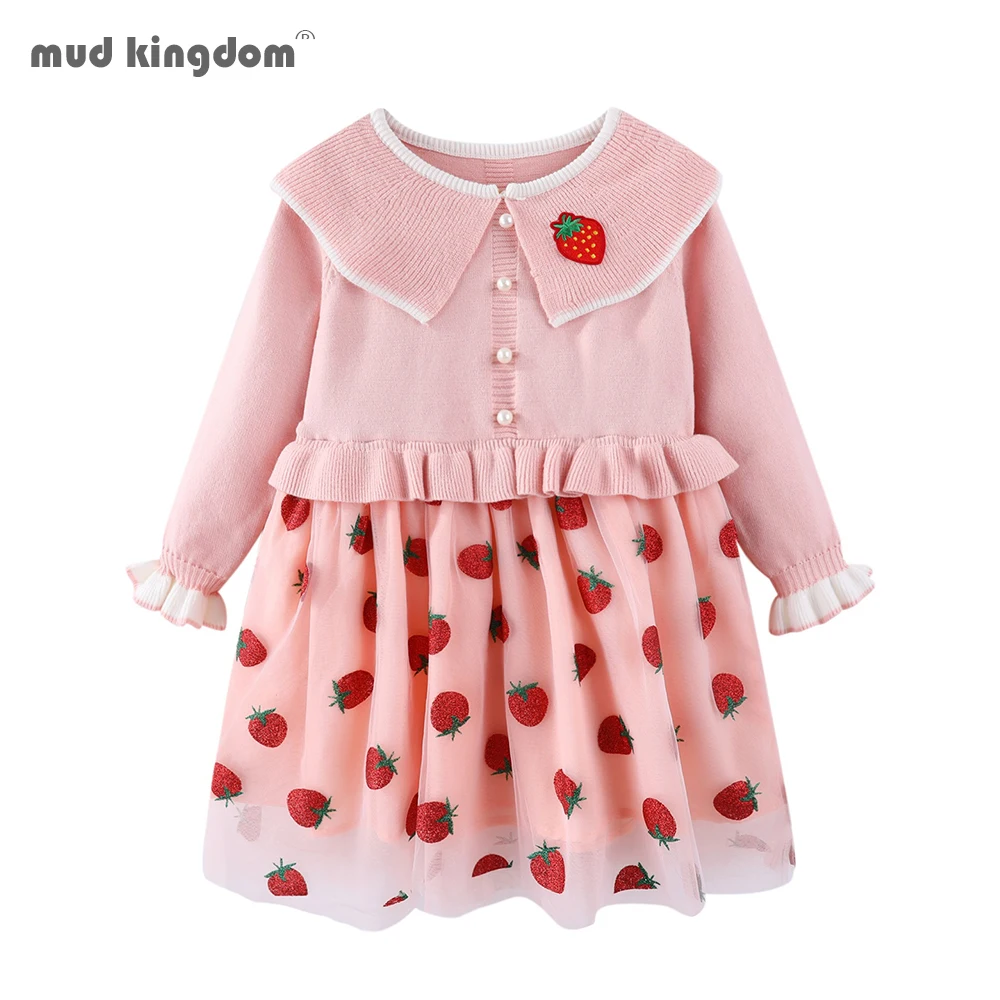 

Mudkingdom Toddler Girl Sweater Dress Strawberry Tulle Spring Knit Collared Ruffle Dresses for Girls Cute Boutique Clothes Fall
