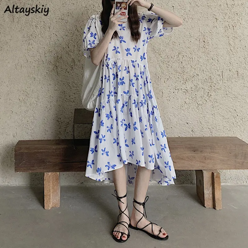 

Women Short Sleeves Dress Puff Harajuku Empire College Trendy All Match Holiday Popular Ruffles Female Elegant Summer Kawaii Ins