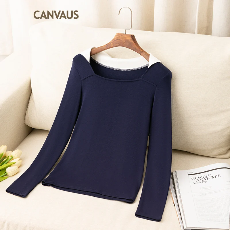 

Canvaus T Shirt Long Sleeve Square Collar Elegant T-shirt Women Blue Tee Top Female Shirts Camiseta FS393A