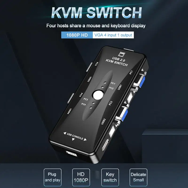

4 Port KVM Switches USB 2.0 VGA Splitter Switcher Dual Cables Connection 4 in 1 Out VGA Splitter Box for Keyboard Mouse Monitor