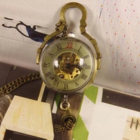 ball steampunk pocket watch for men women pendant golden hand wind mechanical brass bronze antique fashion necklace chain xmas