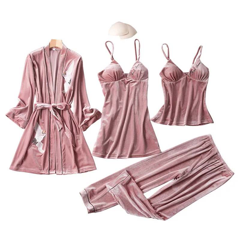 

4PCS Pyjamas Suit Women Velvet Kimono Robe Soft Bathrobe Gown Casual Homewear Sexy Lace Pajamas Set Burgundy Nightwear Homewear