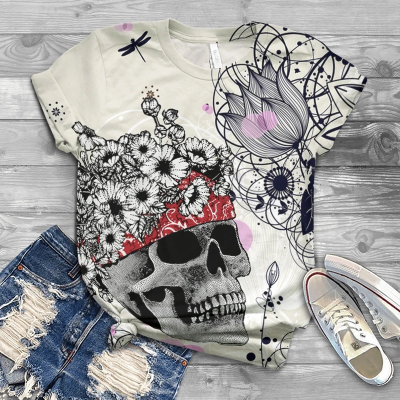 

Color 3D printed women's short-sleeved T-shirt 2021 women's funny skull O-neck casual top