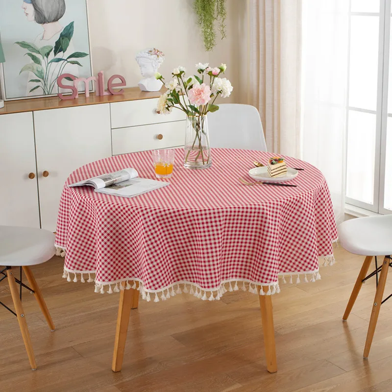 

Toalha de mesa em torno de algodão linho borla toalha de mesa xadrez redonda toalha de mesa vermelho listrado treliça tabela