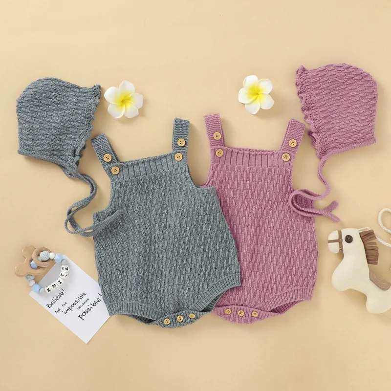 

Autumn Baby Romper Baby Bodysuit Boys Girls Sleeveless Solid Color Rompers Knitted Jumpsuit+Hat Kids Outfits