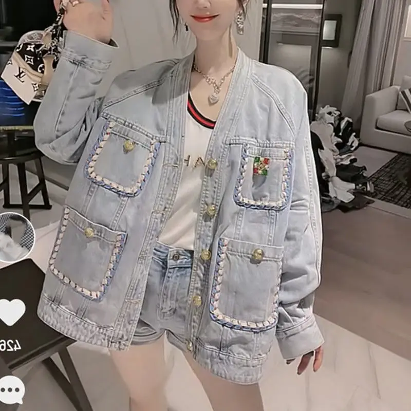 

Women 's Denim Clothing 2021 Spring And Autumn Youth V-neck Long Sleeve Cardigan Top