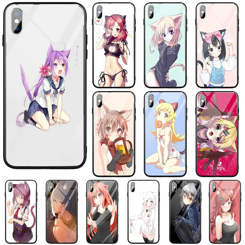 Аниме кошка девочка закаленное стекло мобильный телефон чехлы для iPhone X XR XS Max 8 Plus