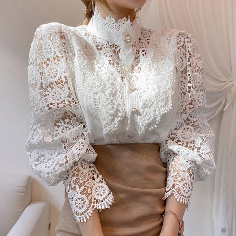 

Korea Chic Autumn French Style Loose Button Lace Hollow Flower Stitching Long Sleeve Stand Collar Women Shirt