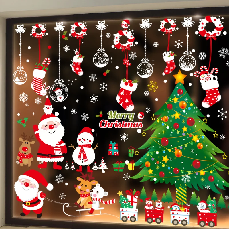 

Christmas ornaments wall glass stickers shop window decoration double side printed New Year's Day Decorative Films