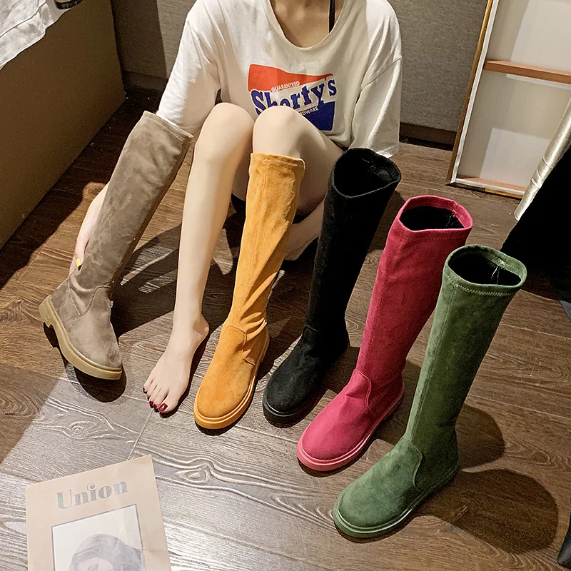 Женские сапоги до колена женские удобные зимние из флока высокие ярких цветов