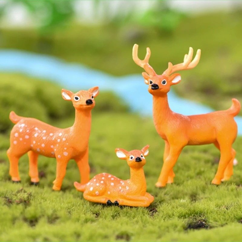 

3pcs/set Sika Deer Cartoon Animal Figurine Dollhouse Home Decor Miniature Fairy Garden Decoration Christmas Gift Children Toys