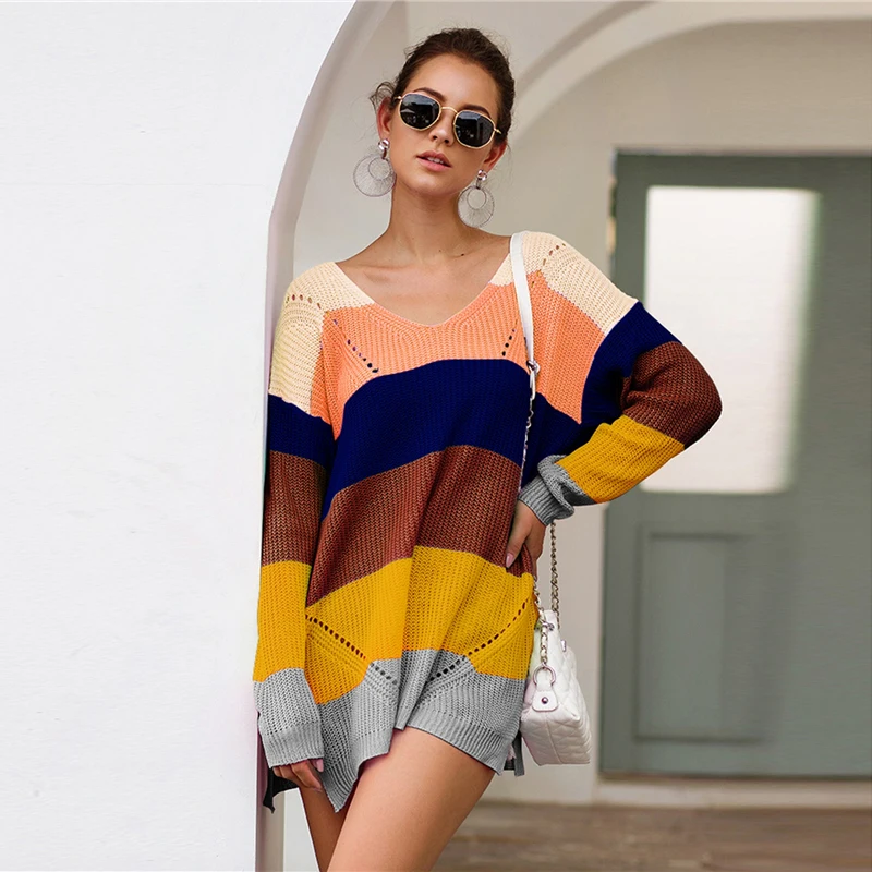 SHEIN Радуга Полосатый Падение плеча Длинный свитер женские топы осень уличная одежда с длинным рукавом V шеи негабаритных Сплит свитера