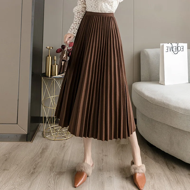 

High Waist Skirt Women Casual Vintage Solid Pleated Skirts Ladies Fashion Simple Midi A-line Skirt Vestido Feminino