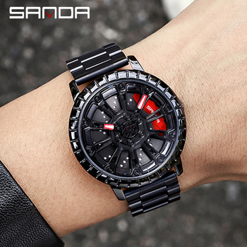 SANDA 2021Sports Men Fashion Hot sale Car Rim Watch 360 Degree Rotating Rim Dial Watch Stainless Steel Waterproof Quartz Clock-36826