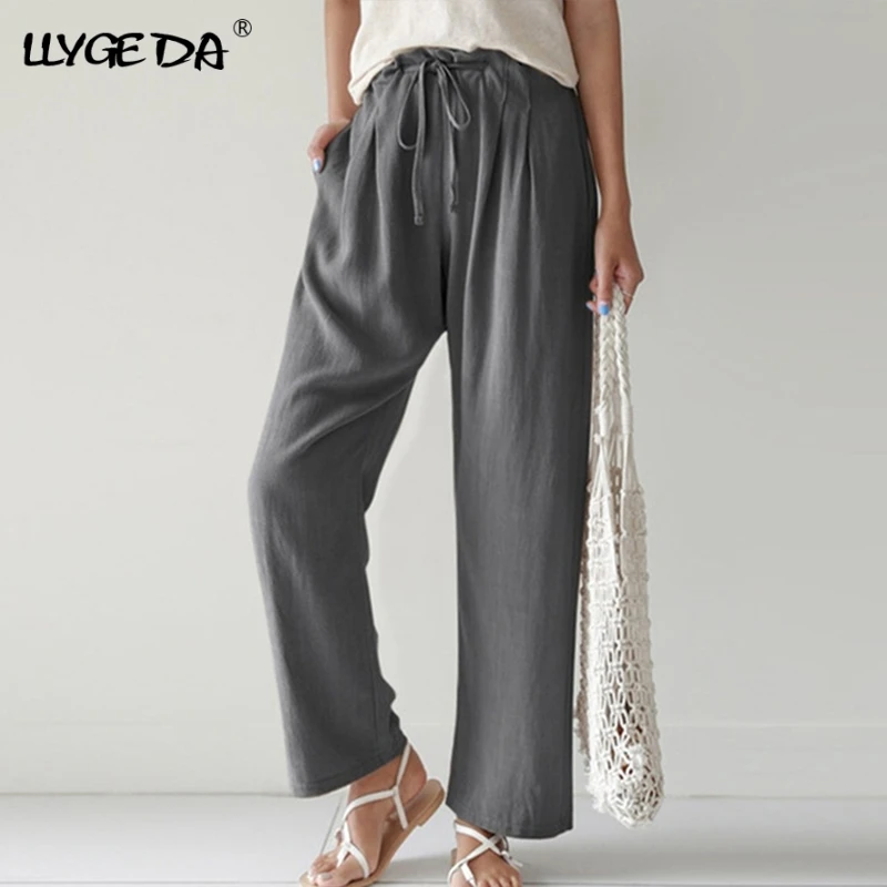 

Cotton Linen Straight Pants For Women Loose Elastic Waist Drawstring Women's Pencil Pant 2021 Summer Fashion Trousers Female