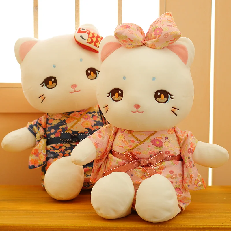 

23/35cm Japan Kimono Cat Doll PP Cotton Stuffed Big Eyes Pink Blue Plush Animal Kitten Toy Decorate Children Present