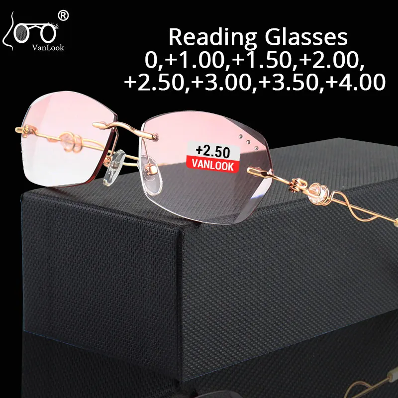 Gafas de lectura con diamantes de imitación para mujer, anteojos sin montura, bloqueo de luz azul, para ordenador, sin tornillos, 0, 14, 5