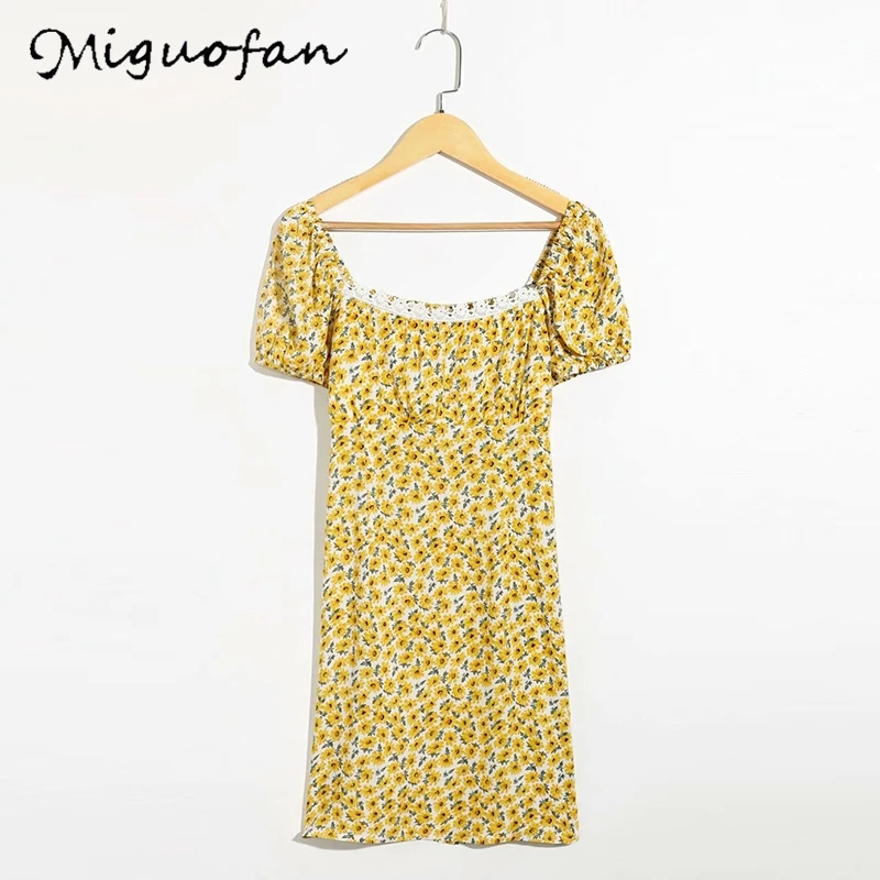 Miguofan dresses for women lace up flower print boho style beah holiday summer dress vintage sexy mini puff sleeve vestido | Женская