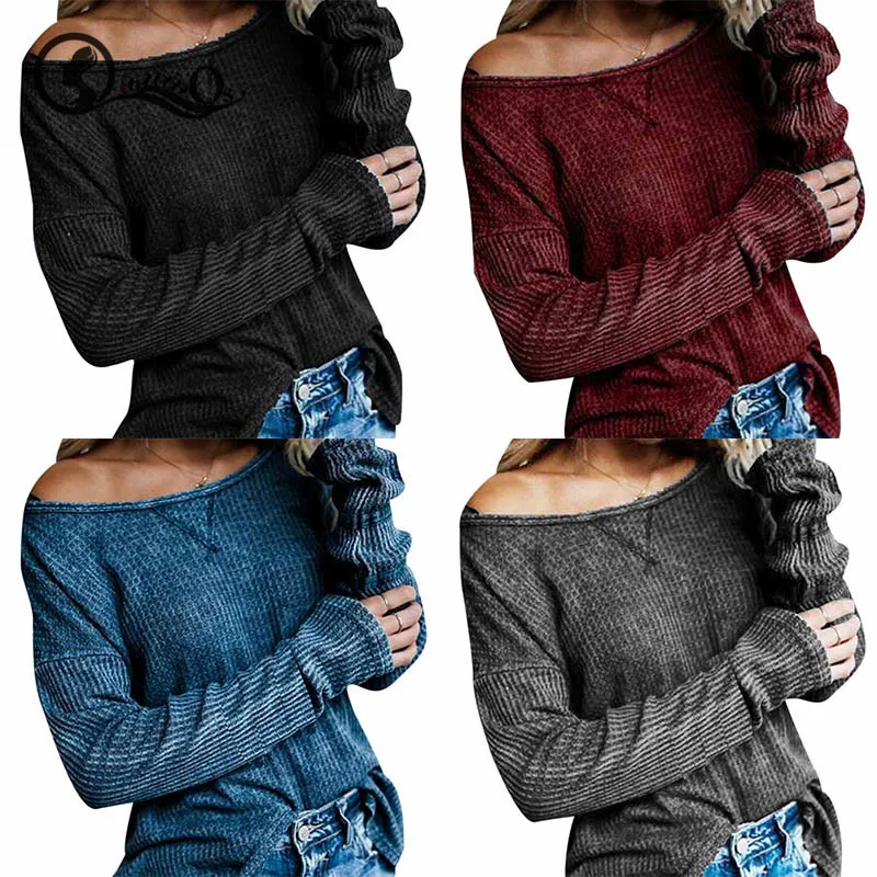 

Women 2019 NEW Autumn Winter Tops Fashion Casual All-match Solid Color T-Shirt Concise Waffle Off-shoulder Twist T-shirt Top