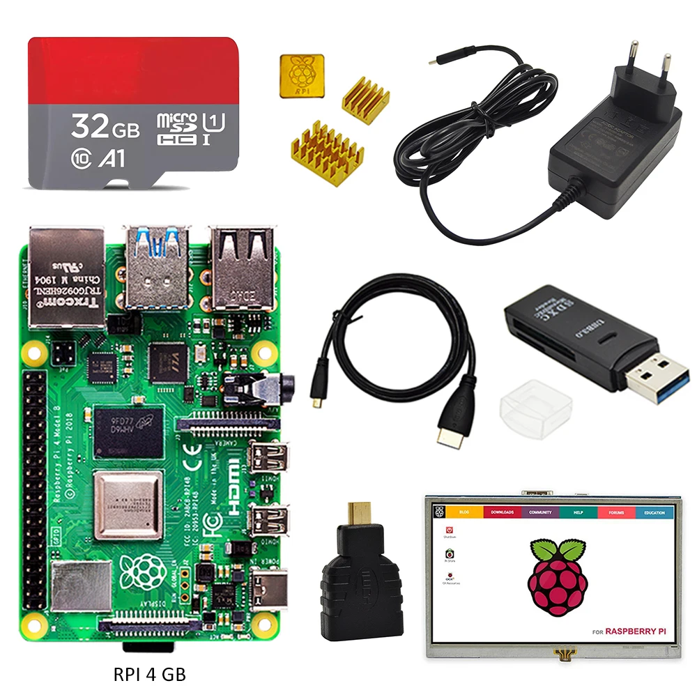 Raspberry Pi 4 набор с дисплеем PI 4B 2 ГБ/4 ГБ: плата + радиатор адаптер питания карта TF 16/32/64