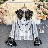 color patchwork mesh crop top women round neck lace casual holiday lace flare sleeves hollow out loose fit cropped 2021