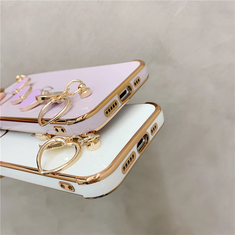 

Love Heart Wrist Strap Plating Phone Case For iPhone 11 12 Pro Max XS Max X XR 7 8 Plus 12 Mini SE 2020 Shockproof Back Cover