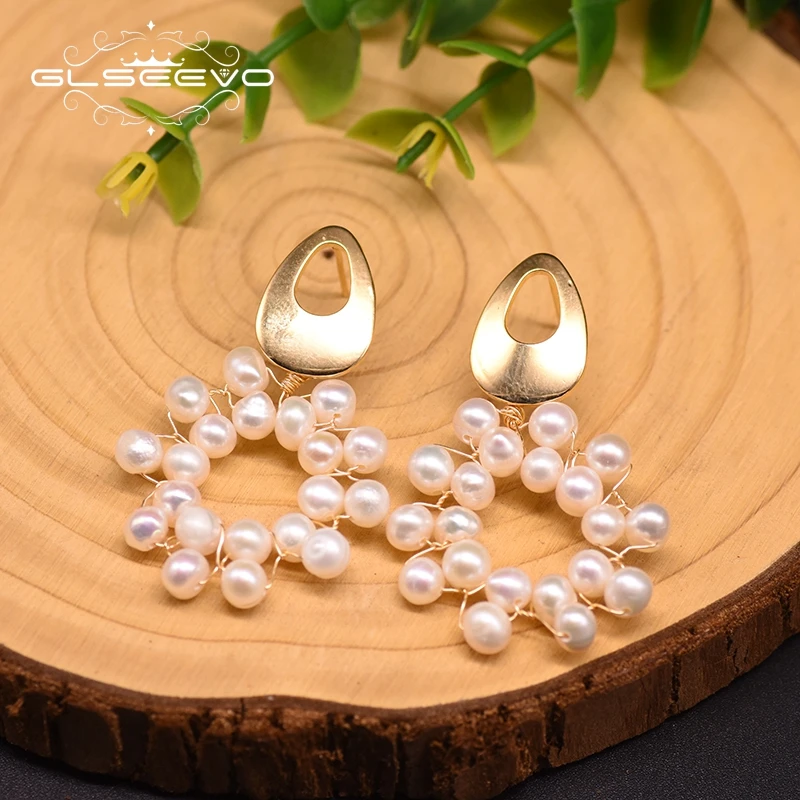 

GLSEEVO Original Design Natural Fresh Water Pearl Handmade Flower Drop Earrings For Women Wedding Fine Jewelry oorbellen GE0907