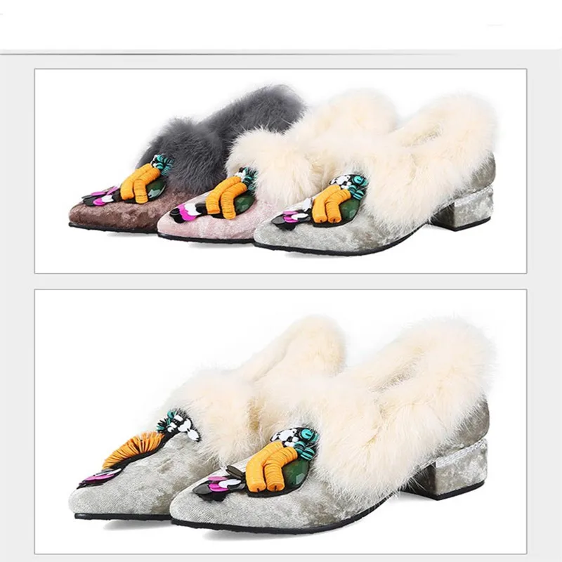 Woman's gold velvet face cartoon decorative pointed head with single heel shoes | Обувь